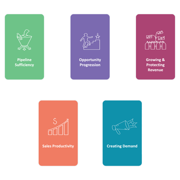 LEARN Curriculum Pillars | Pipeline Sufficiency, Opportunity Progression, Growing & Protecting Revenue, Sales Productivity, Creating Demand